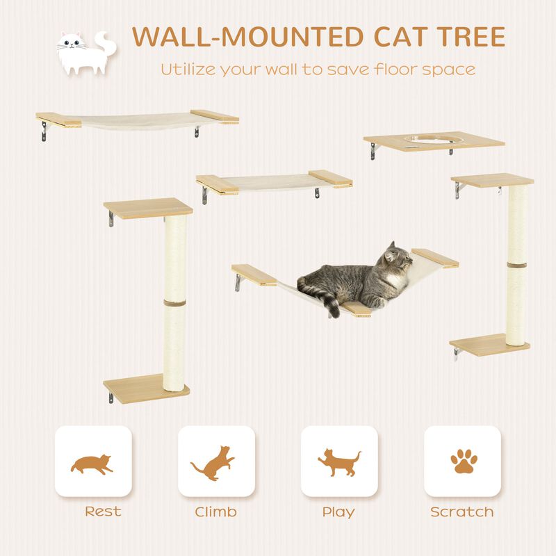 6PCs Cat Wall Shelves Pet Wall-mounted Climbing Shelf Set with Scratching Posts Jumping Platforms Ladder Oak