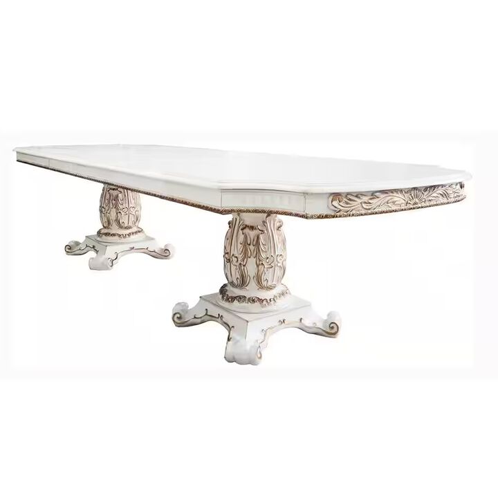 Antoine Dining Table, Double Pedestal, 84-120 Inch Antique Pearl White - Benzara
