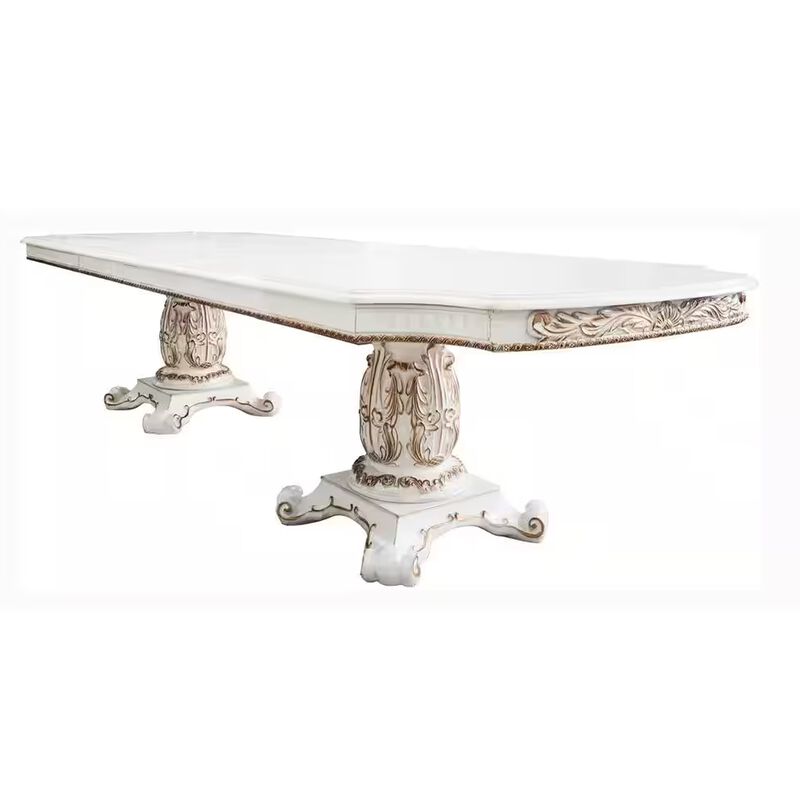 Antoine Dining Table, Double Pedestal, 84-120 Inch Antique Pearl White - Benzara