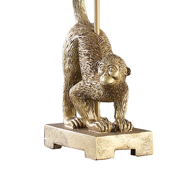 Ree 24 Inch Accent Table Lamp, Monkey Resin Sculpture, Drum Shade, Gold - Benzara
