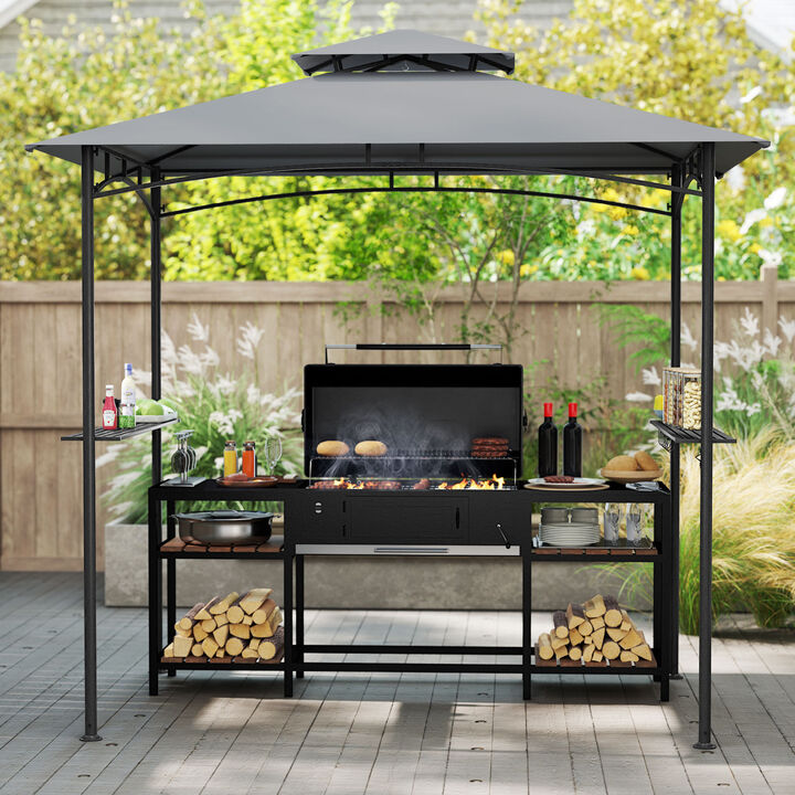 8x5 Ft BBQ Grill Gazebo with Metal Frame, 2 Shelves and 6 Hooks &ndash; Grey