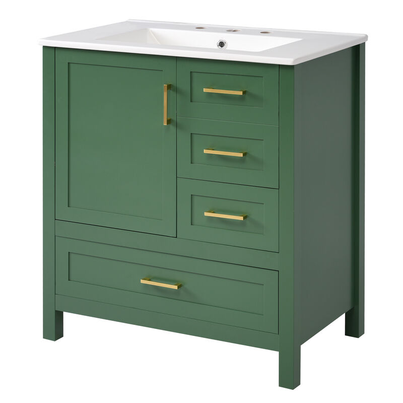 Whisen 30 in. Bathroom Storage Cabinet Bathroom Vanity with Ceramic Sink, Soft Close Door, 3 Drawers and Removable Tray