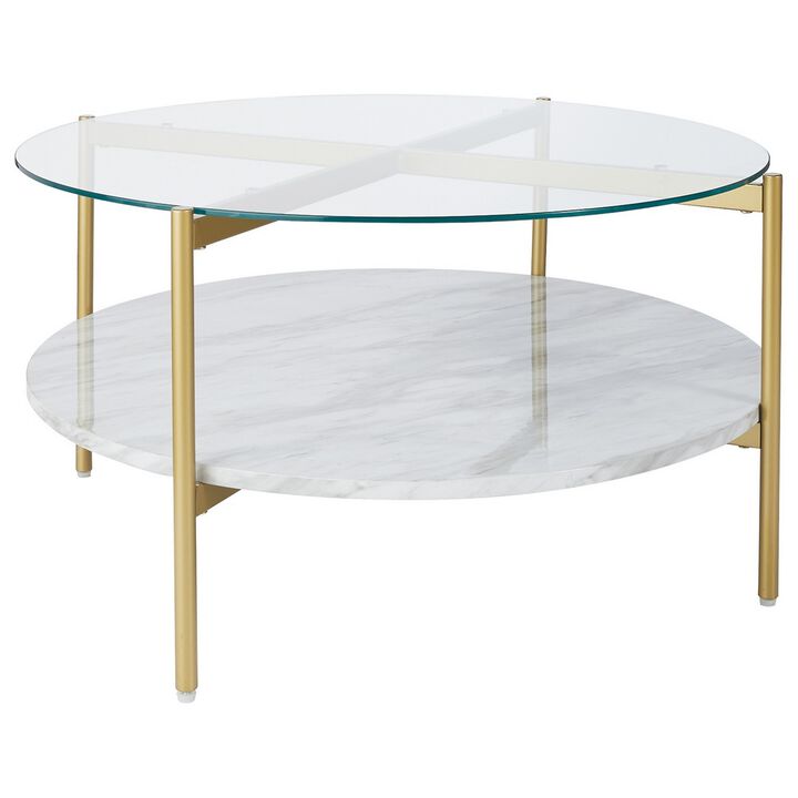 Glass Top Cocktail Table with Faux Marble Bottom Shelf, Clear and Gold-Benzara