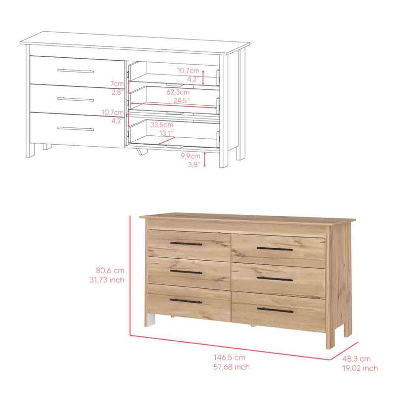 6 Drawer Double Dresser Wezz, Bedroom, Light Oak / White