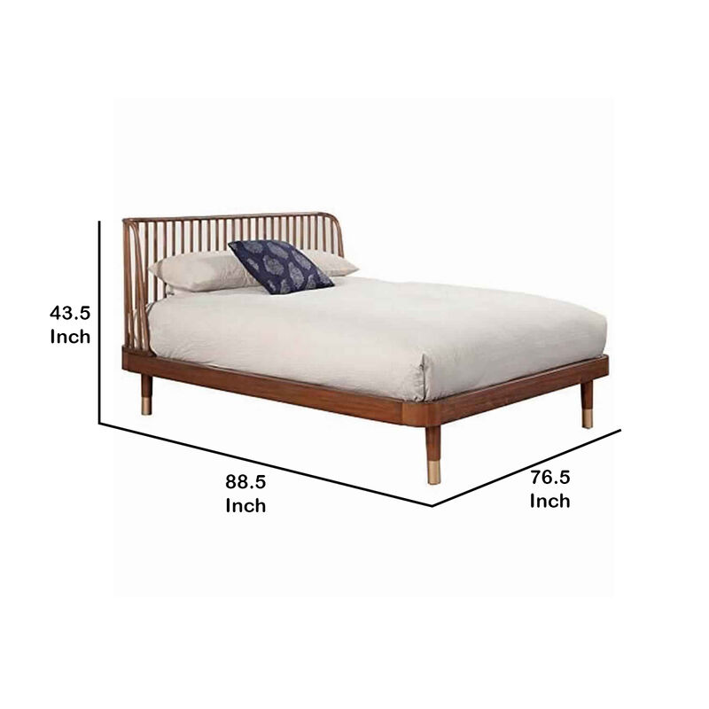 California King Platform Bed with Slat Back Rattan Headboard, Brown - Benzara