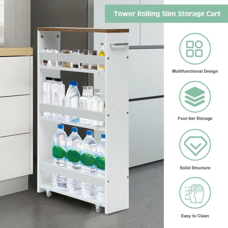 Hivvago 4 Tiers Rolling Slim Storage Kitchen Organizer Cart with Handle-White