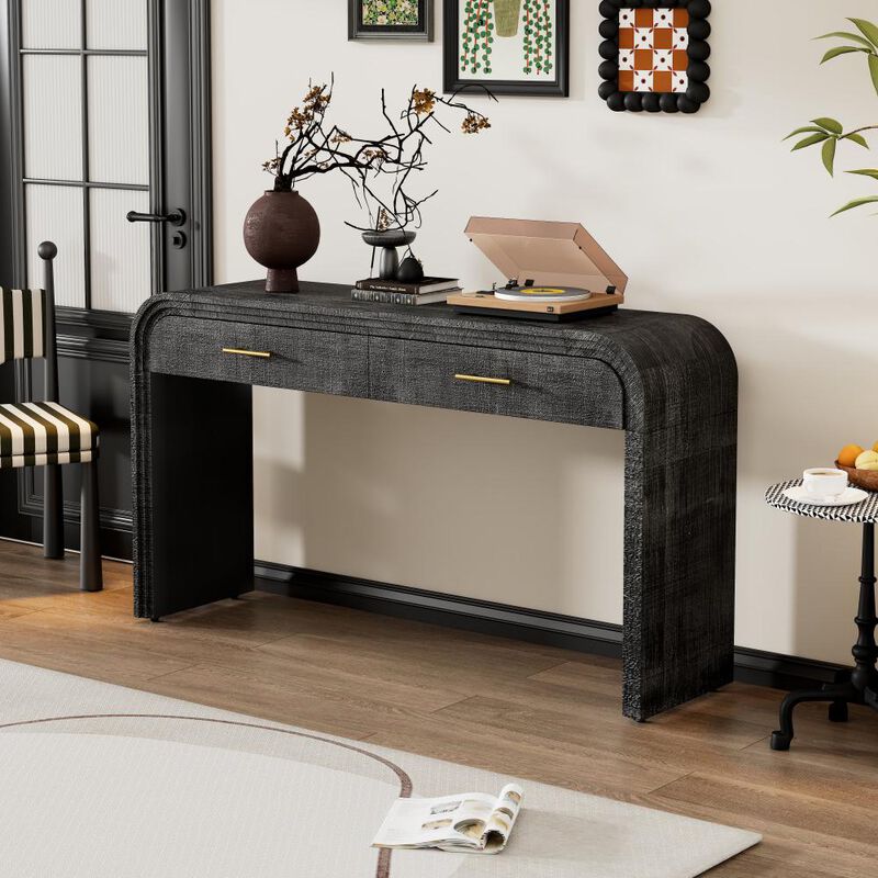 Unique Retro Console Table with Open Design and 2 Drawers Stylish Accent for Entryway, Dining, or Living Room