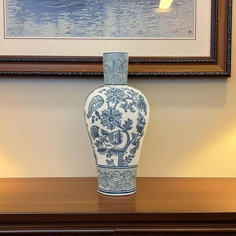 HomeRoots 17" Light Blue And White Floral Round Porcelain Table Vase image number 1
