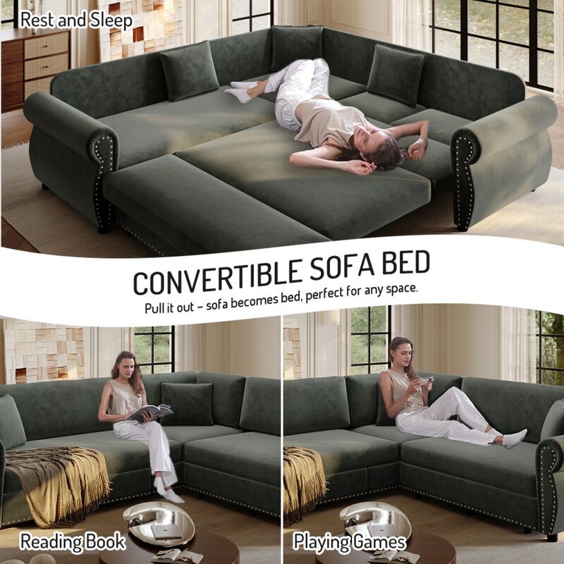 Possku Chenille L‑Shaped Sectional Sleeper Sofa image number 5
