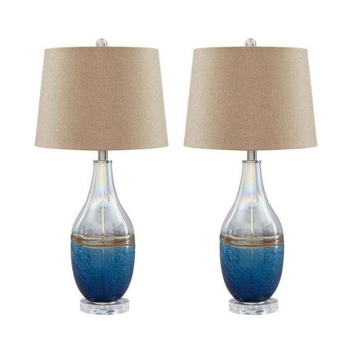 Vase Shape Frame Table Lamp with Fabric Shade, Set of 2, Beige and Blue-Benzara