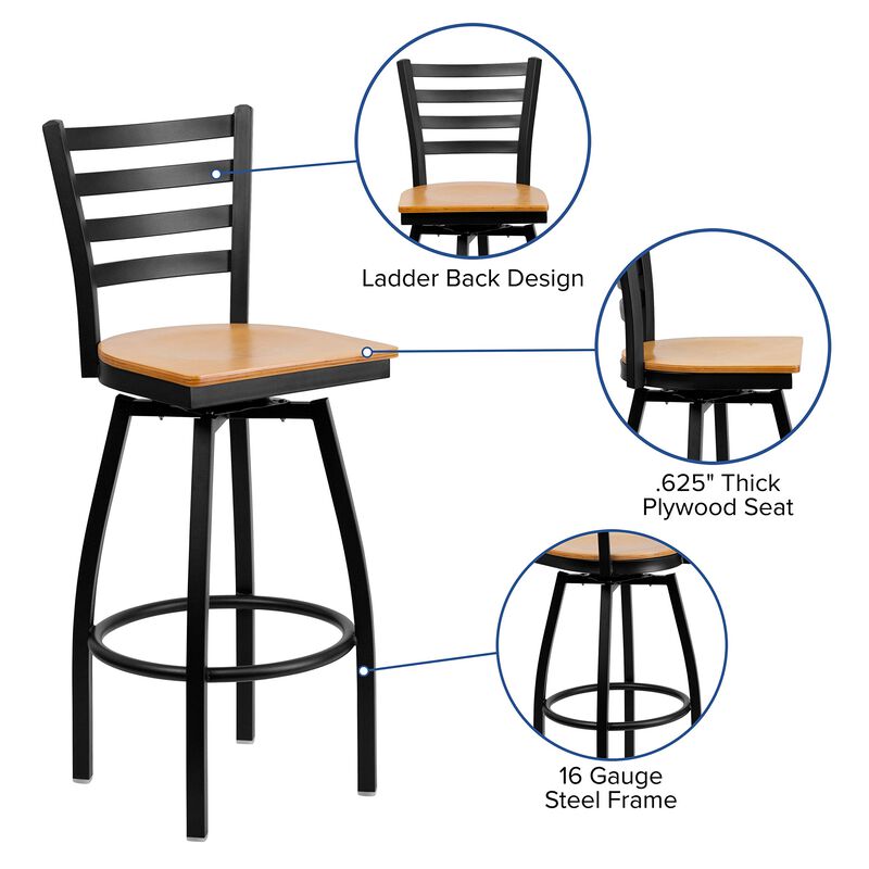 Flash Furniture HERCULES Series Black Ladder Back Swivel Metal Barstool - Natural Wood Seat