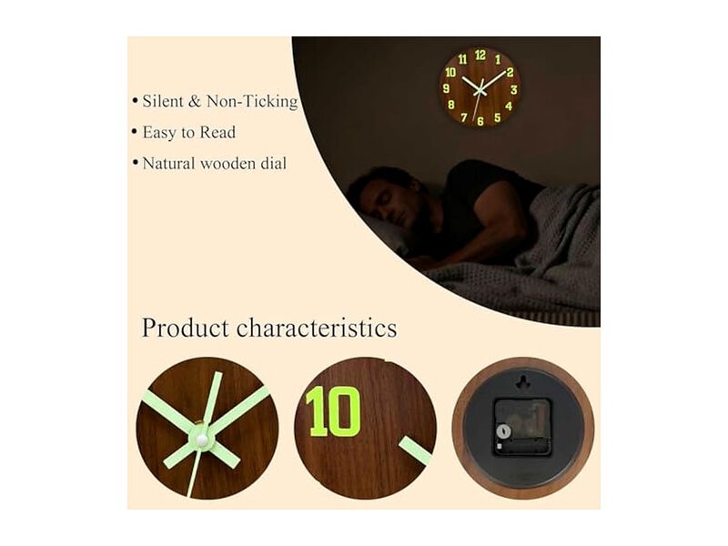 Glow In The Dark Night Light Brown Wall Clock 8 Inch Silent Non Ticking Modern image number 1