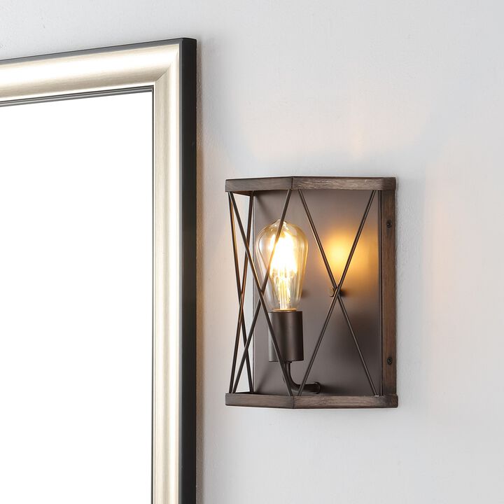 Liam 8.25" 1-Light Rustic Farmhouse Iron LED Sconce, Wood Finished/Oil Rubbed Bronze