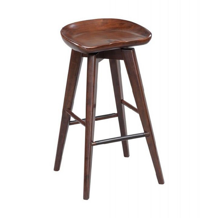 Contoured Seat Wooden Frame Swivel Barstool with Angled Legs, Dark Brown - Benzara