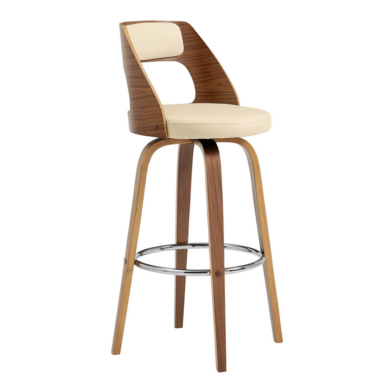 Axel Swivel Bar Stool in Brown Faux Leather and Walnut Wood