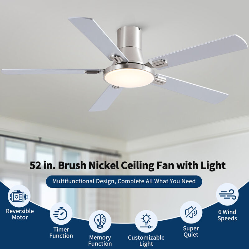 52 Inch Modern Brushed Nickel Flush Mount Ceiling Fan with LED Light and Remote, 6 Speed Indoor Fan image number 7