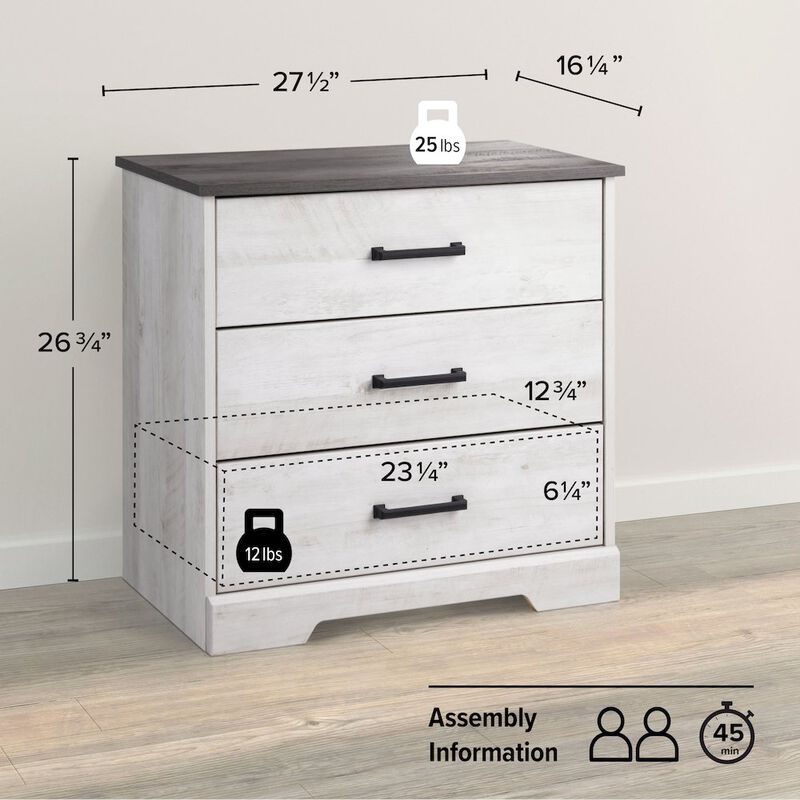 Prepac Nightstand Bedside Table, Washed White Nightstand for Bedroom