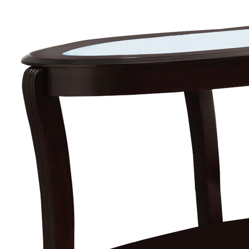 Oval Top Wooden Sofa Table with Glass Insert and Open Shelf, Espresso Brown-Benzara