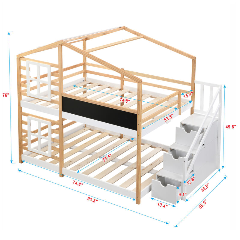 TATEUS Full Bunk Bed House Bed Ladder Platform Bed