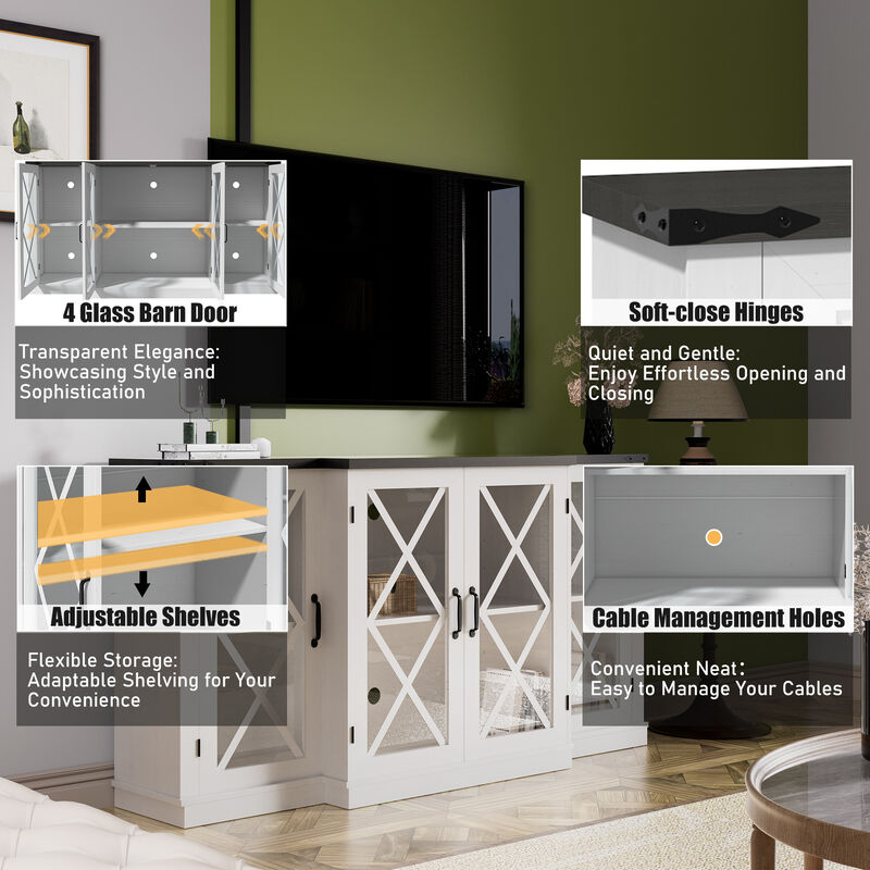 Farmhouse TV Stand for 70" TV, Wooden Media TV Console Entertainment Center with 4 Glass Door, Height Adjustable Shelves and Storage, White