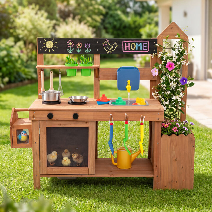 Kids Outdoor Wooden Mud Kitchen with Sink and Planter Box
