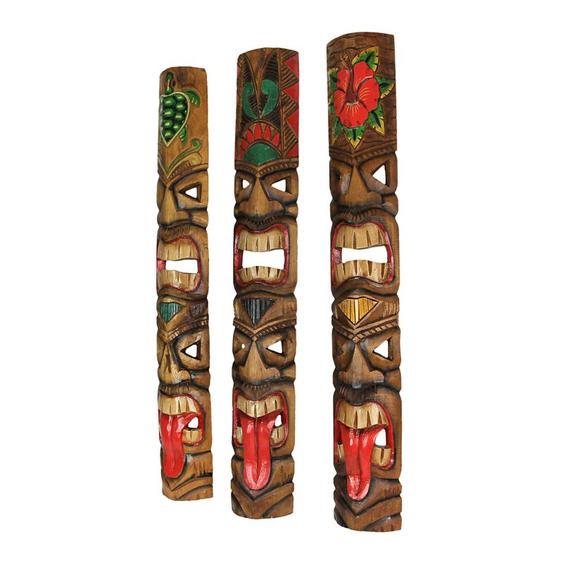 Set of 5 Double Tiki Mask Totem Wall Decor Hand Carved Tribal Sculpture 40 Inch image number 1