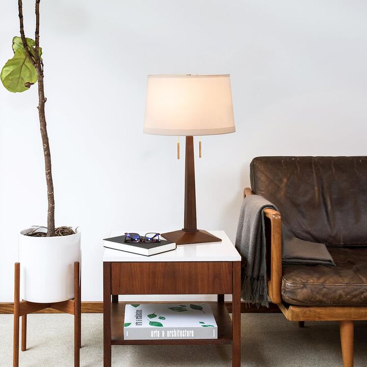 NOVA OF CALIFORNIA Taper Table Lamp - Dark Walnut Wood Finish, White Linen Shade