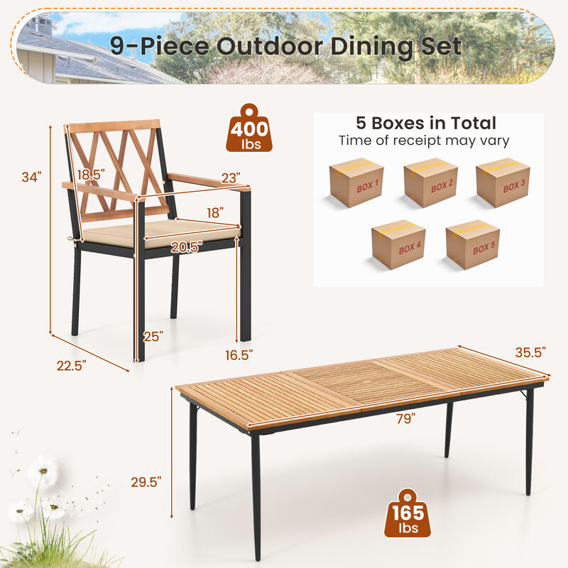 9 Pieces Patio Dining Set with Umbrella Hole and Seat Cushions