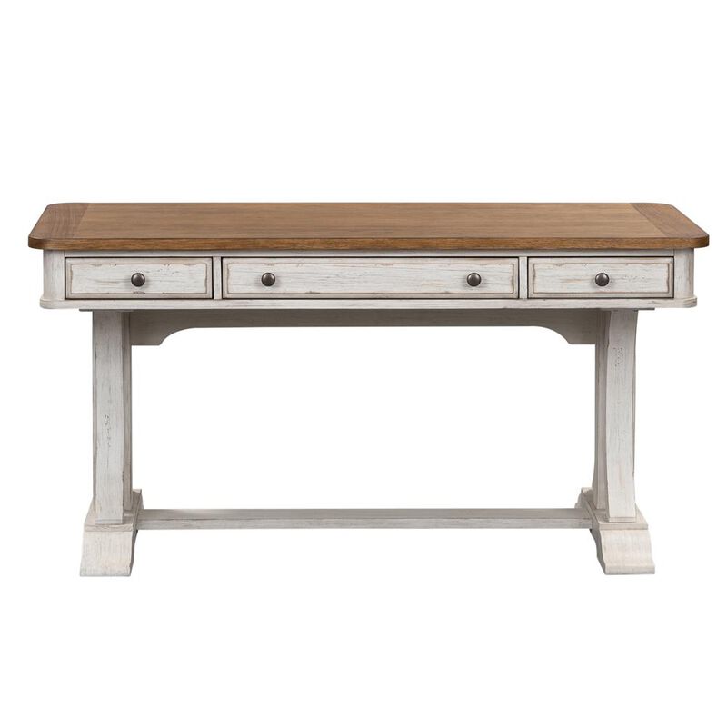 Liberty Furniture Farmhouse Reimagined Writing Desk with 3 Drawers, Trestle Base, Antique White & Chestnut Two-Tone Finish image number 2