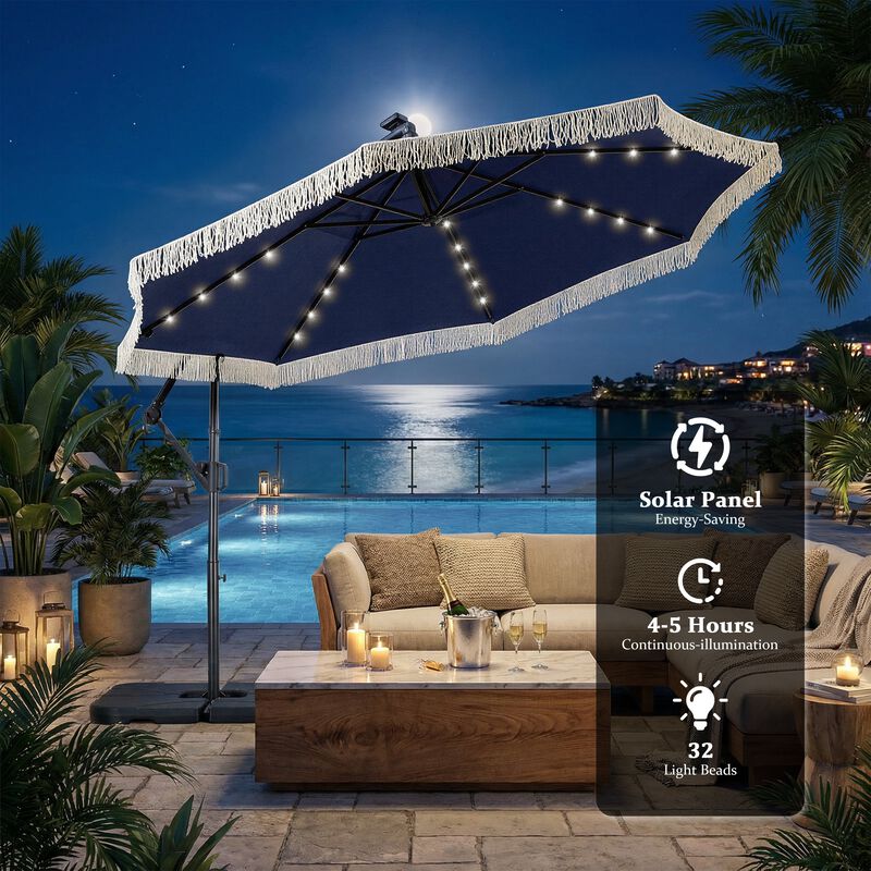 Mondawe 10ft Patio Offset Hanging Lighted Umbrella with Tassels - Navy