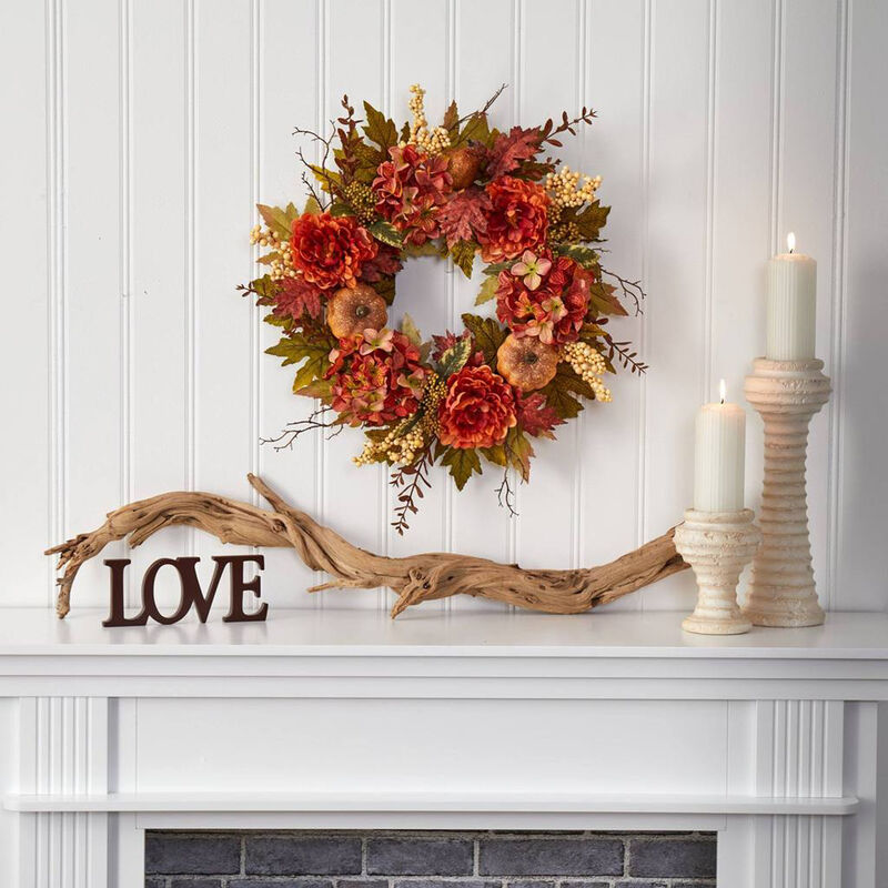 Nearly Natural 24-in Peony, Hydrangea and Pumpkin Fall Artificial Wreath