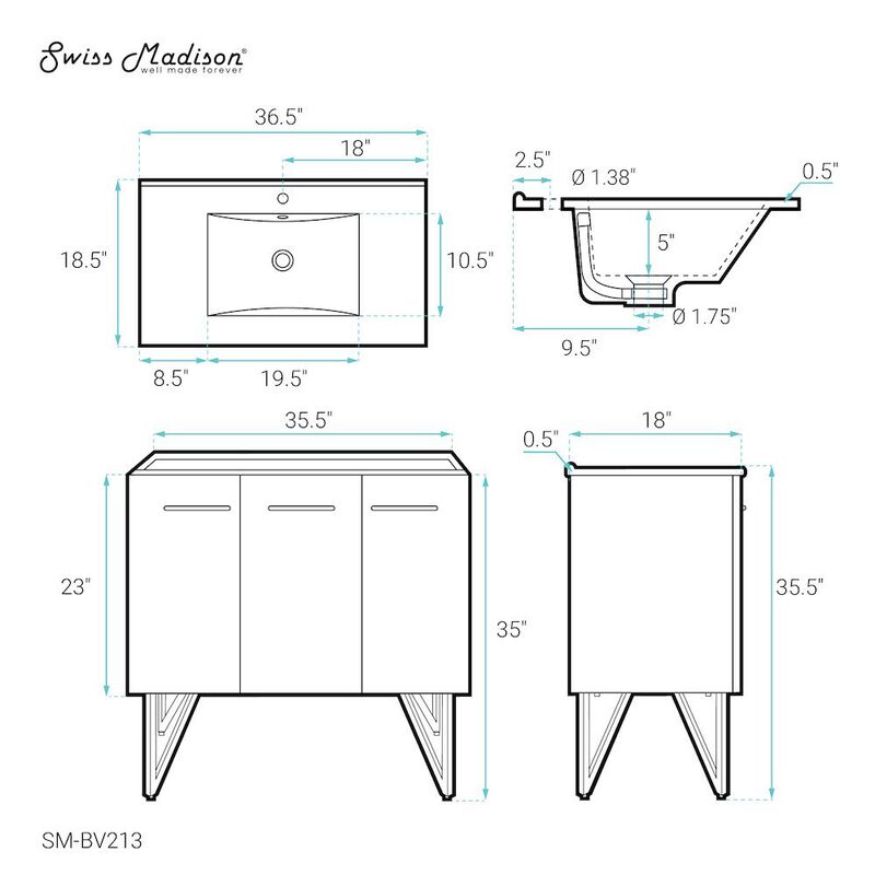 Annecy 36" Freestanding Bathroom Vanity in White with Sink Top image number 5