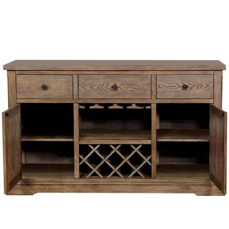 60 Inch Rustic Wood Server Buffet Cabinet Console, Wine Bar, Stemware, Oak