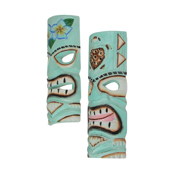 Aqua Blue Tiki Wall Masks &ndash; Flower & Sea Turtle Design, 12"x5"x2" Tropical Decor
