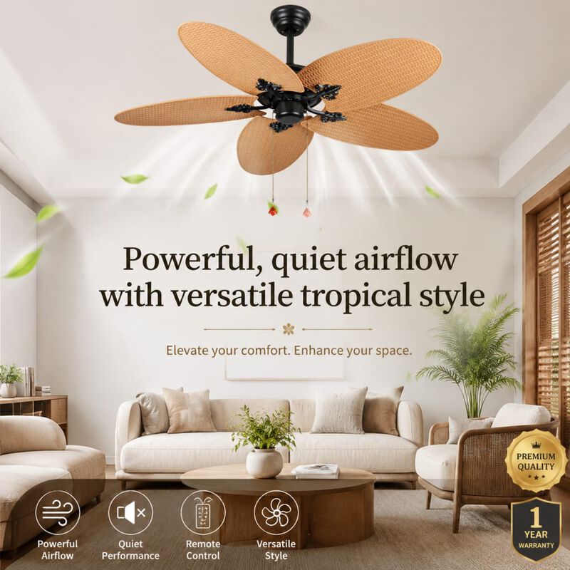 ELEMENT ACE 52 Inch Tropical Indoor Outdoor Ceiling Fan with 5 Palm Leaf Blades, Pull Chain Control, Dual Mount Options, No Light Design Ideal for Patios Bedrooms Living Areas image number 3
