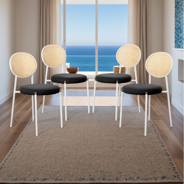 LeisureMod Velvet/Leather Dining Chair Rattan Back Side Chair Comfortable Kitchen Chair with Stainless Steel Base Euston Collection, Set of 4