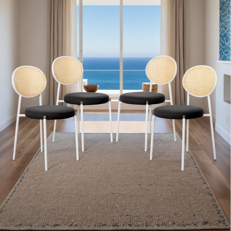 LeisureMod Velvet/Leather Dining Chair Rattan Back Side Chair Comfortable Kitchen Chair with Stainless Steel Base Euston Collection, Set of 4