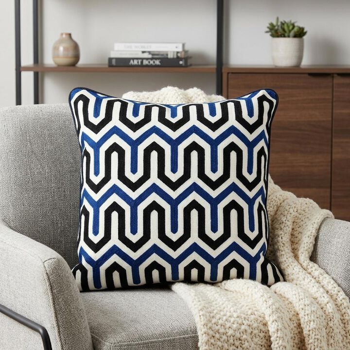 HomeRoots 20" X 20" Blue and White Geometric Cotton Zippered Pillow
