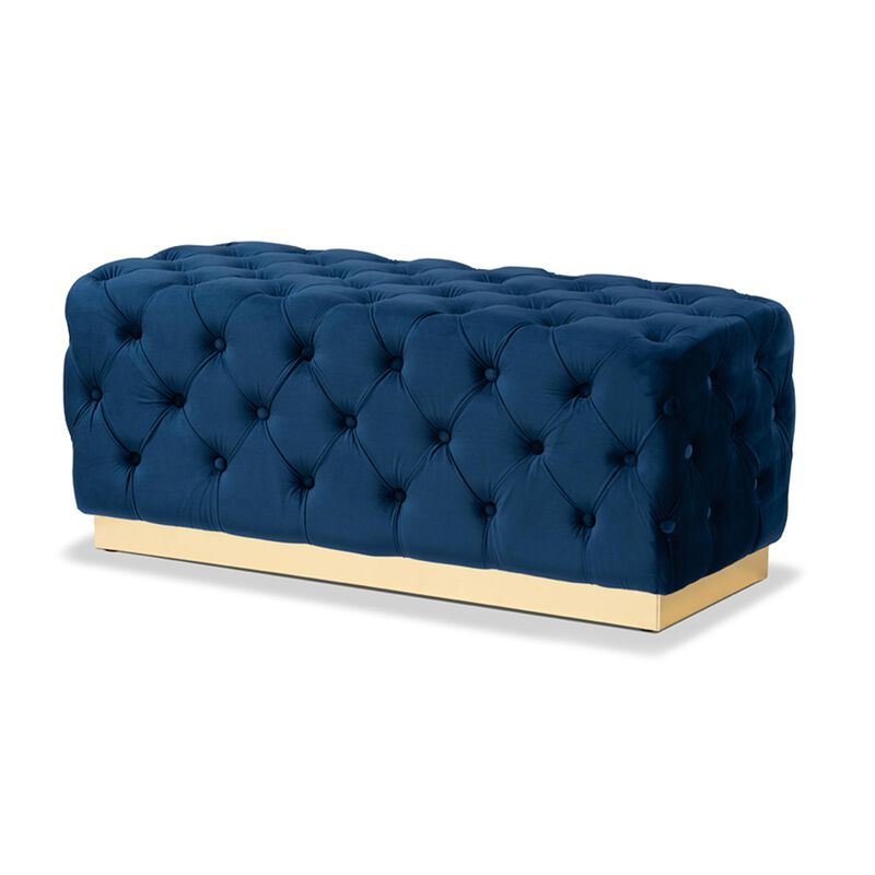 Baxton Studio Corrine Glam and Luxe Navy Blue Velvet Fabric Upholstered and Gold PU Leather Ottoman
