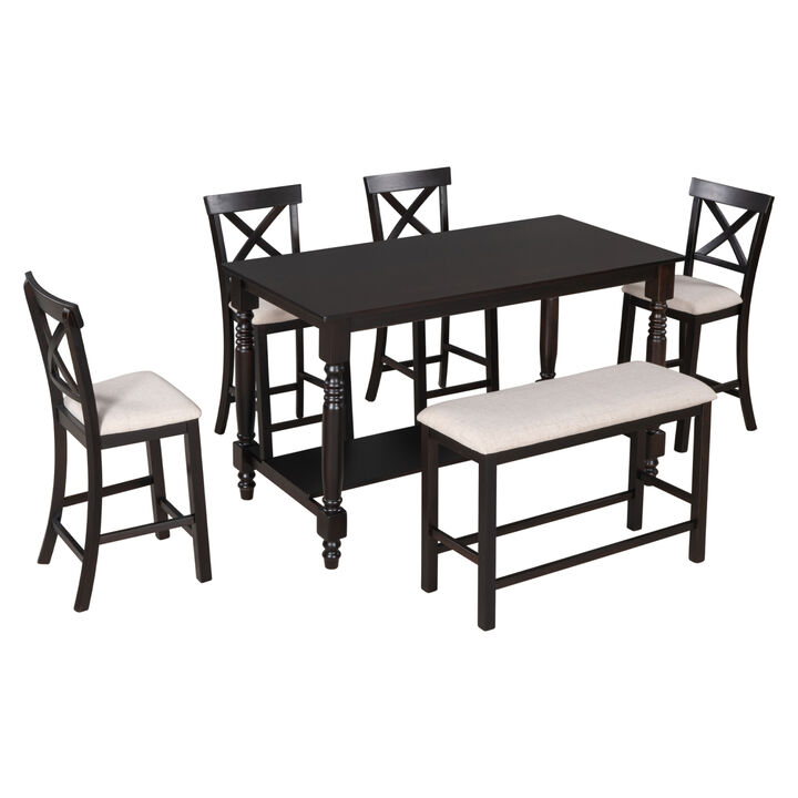 6-Piece Counter Height Dining Table Set Table with Shelf 4 Chairs and Bench for Dining Room (Gray)