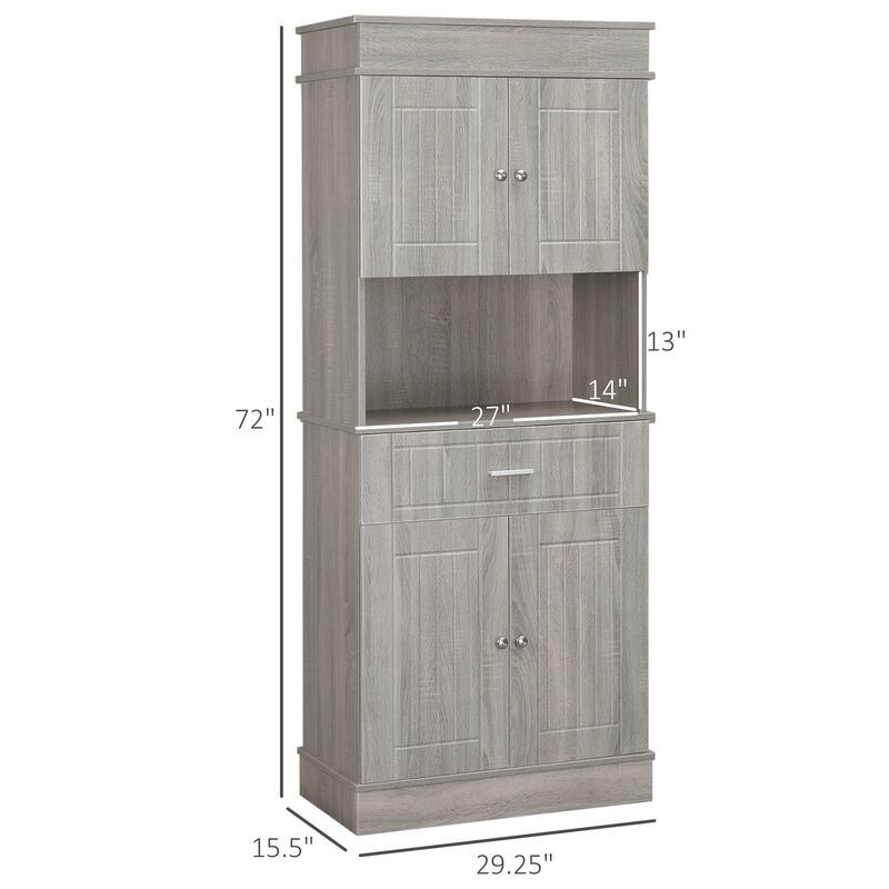 72" Kitchen Buffet with Hutch, Freestanding Pantry Cupboard with Utility Drawer, 2 Door Cabinets and Countertop, Grey Wood Grain
