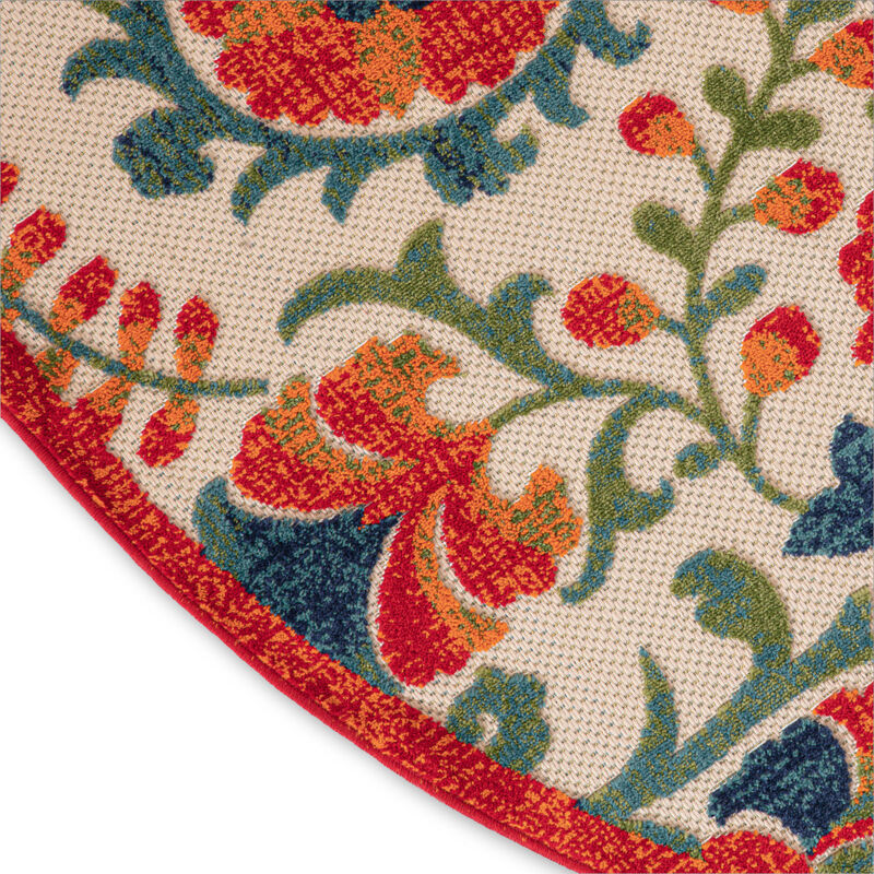 HomeRoots 8' Red Gold Teal Blue And Green Round Floral Indoor Outdoor Area Rug image number 3