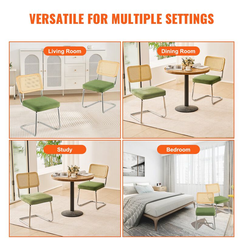 Set of 2 Rattan Dining Chairs Mid Century Modern Velvet Upholstered Accent Chairs