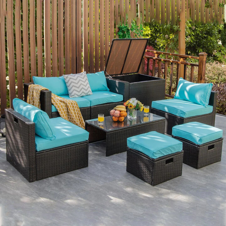 Mondawe 8 Pieces Patio Space-Saving Rattan Furniture Set with Storage Box and Waterproof Cover
