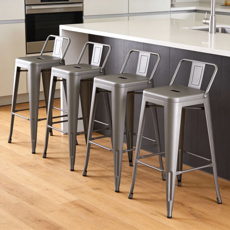 HomeRoots Set of Four 26" Dark Gray Steel and Metal Low Back Counter Height Bar Chairs