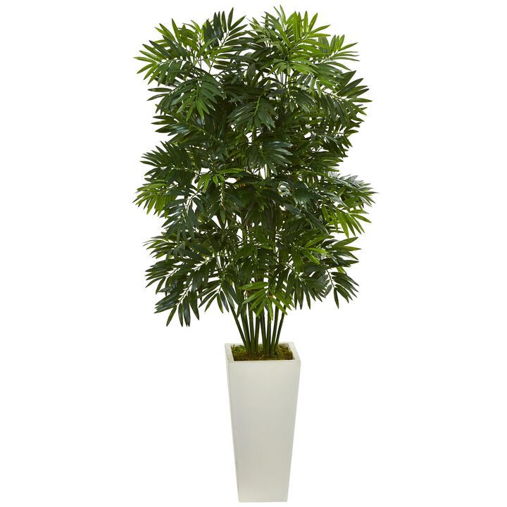 HomPlanti 49" Mini Bamboo Palm Artificial Pant in White Tower Planter