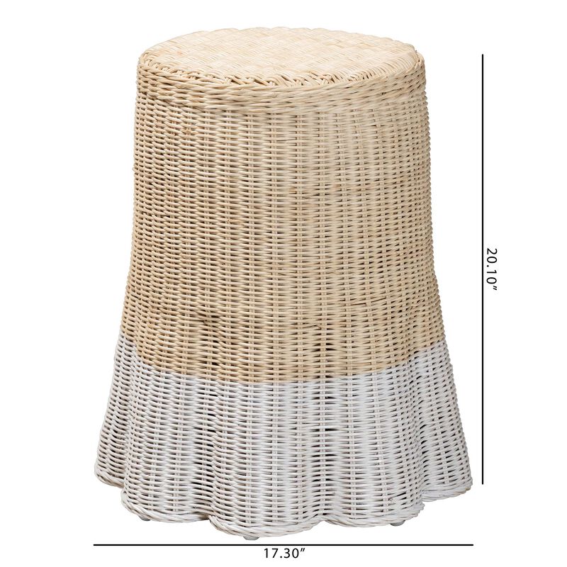 bali & pari Sarna Natural Rattan End Table - Handwoven Wicker Accent Table with Scalloped Base and Two-Tone Finish, Boho Coastal Style Side Table