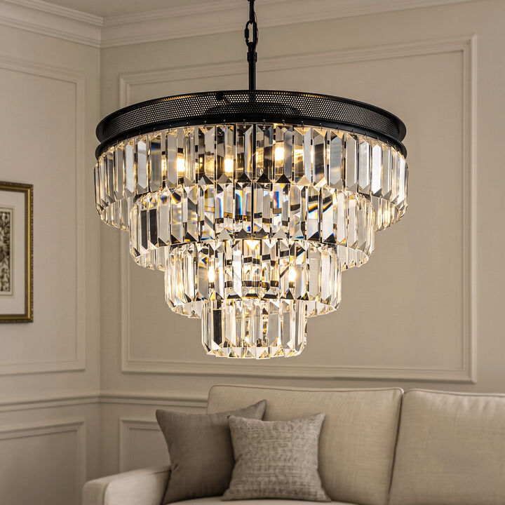 18'' Modern Classic Crystal Chandelier With Matte Black Finish 4-Light Tiered Pendant Ceiling Light For Dining Room Foyer Bedroom