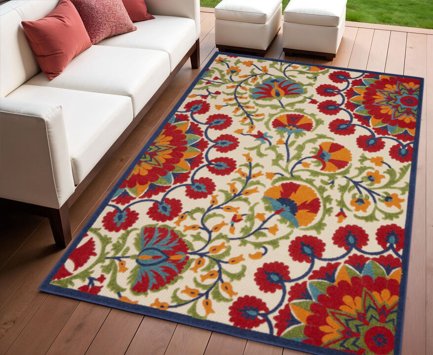 HomeRoots 4' X 6' Navy Blue Beige Green Blue And Red Floral Indoor Outdoor Area Rug