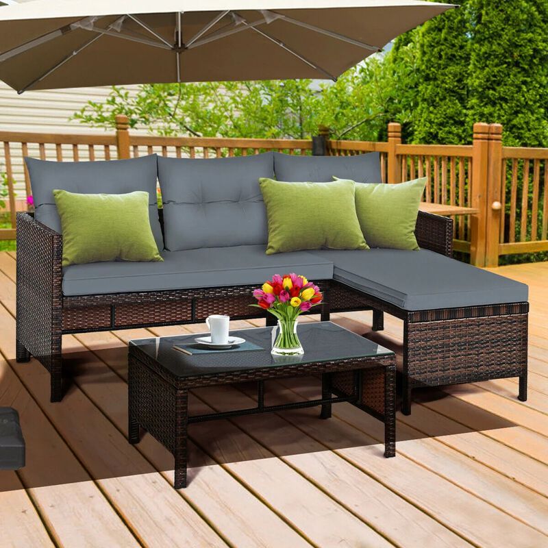 Mondawe 3 Pieces Outdoor Patio Corner Rattan Sofa Set